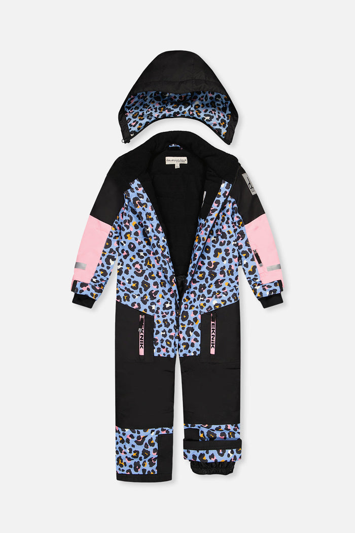 Deux par Deux TEKNIK one-piece snowsuit in blue leopard print, view 3