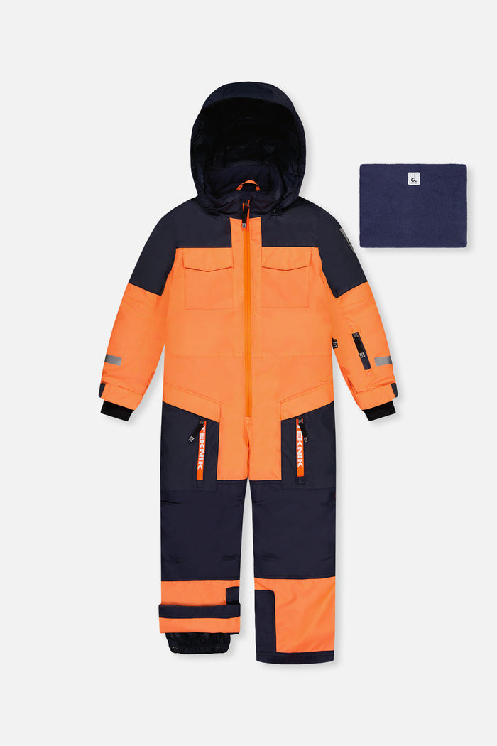 Deux par Deux TEKNIK one-piece snowsuit in bright orange and navy blue with neck warmer, front view