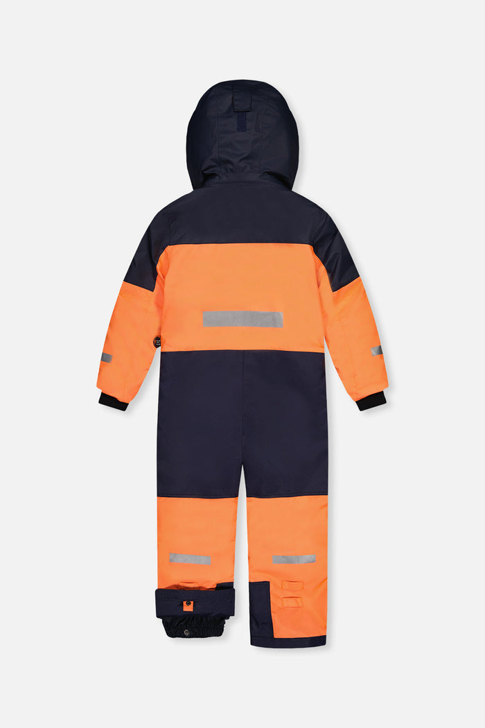 Bright orange and navy Deux par Deux TEKNIK one-piece snowsuit with reflective strips, back view