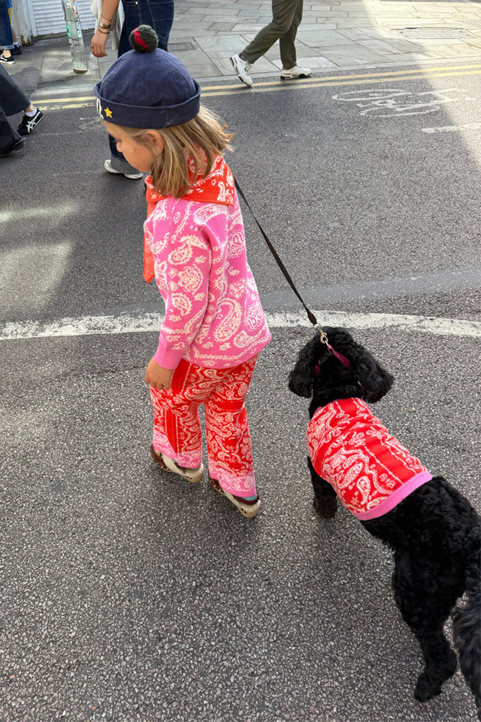 Kids Red and Pink Bandana Knitted Set on a child walking a dog in a matching bandana print dog jumper.