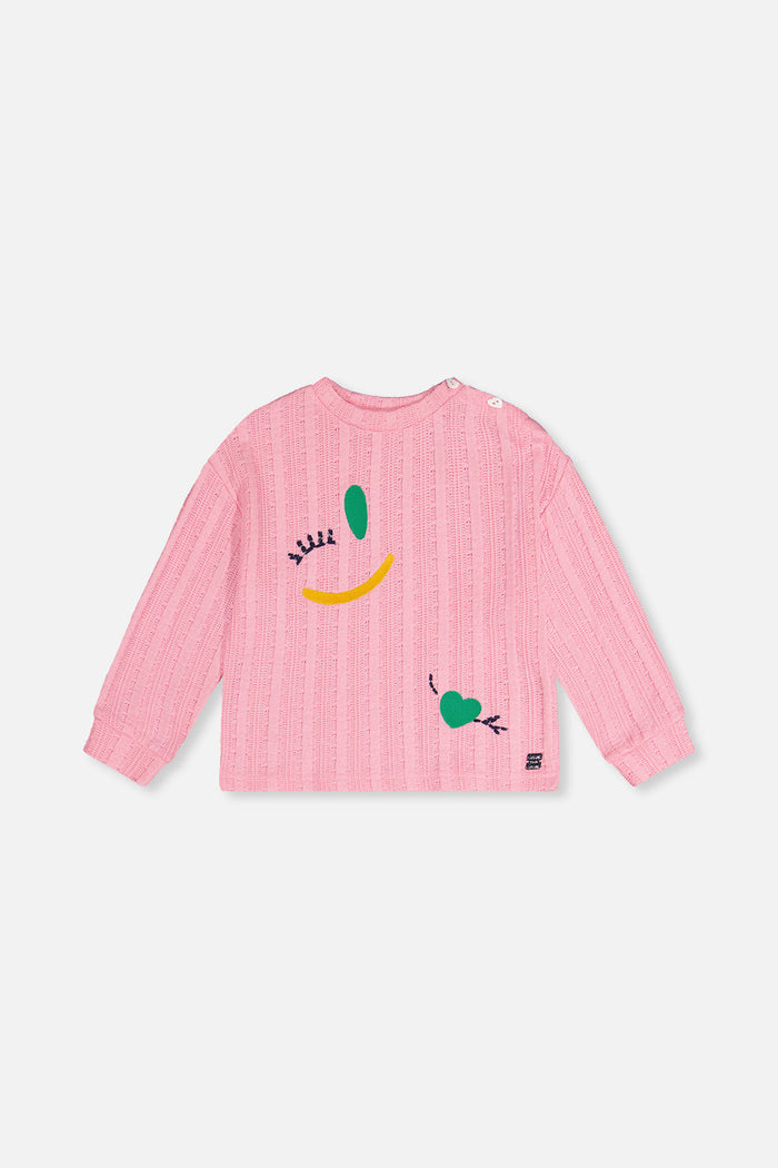 Deux par Deux girls' pink knit top with fruit embroidery – front view