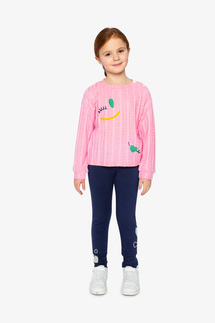 Deux par Deux girls' pink knit top with fruit embroidery – full outfit view