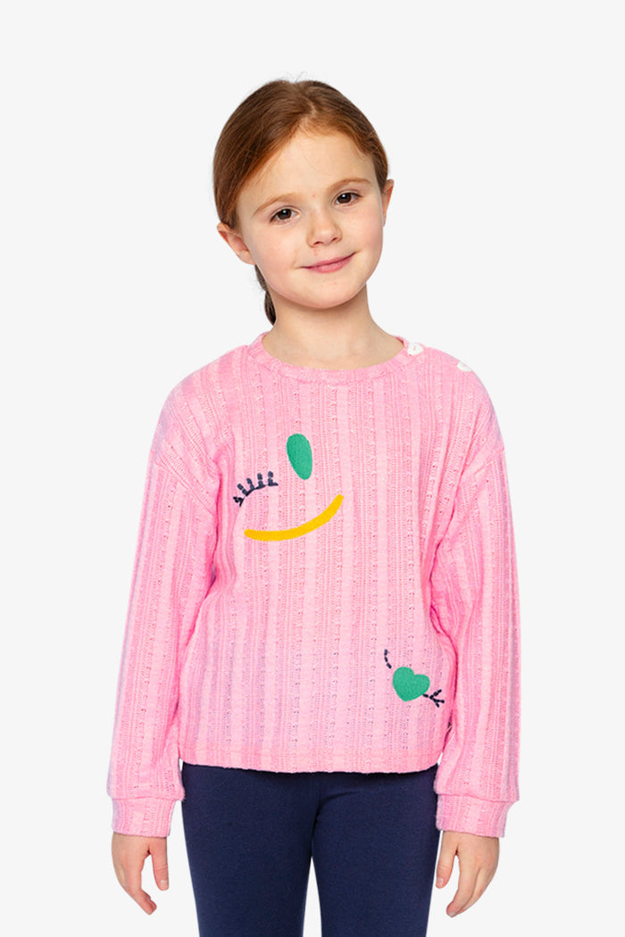 Deux par Deux girls' pink knit top with fruit embroidery – worn by a model