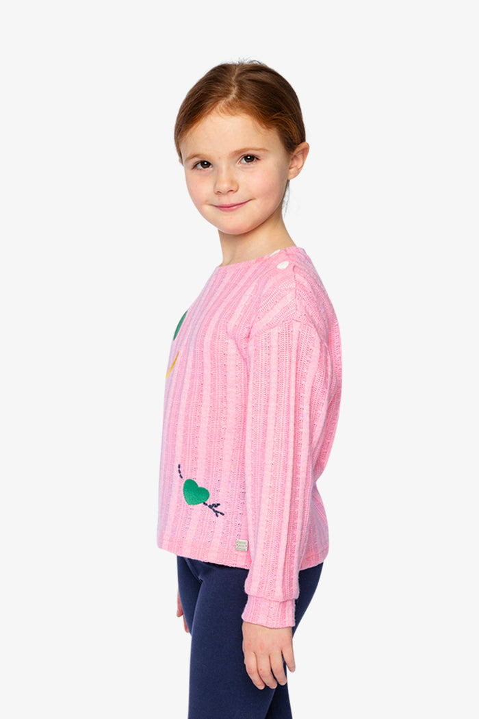 Deux par Deux girls' pink knit top with fruit embroidery – worn by a model, view 2