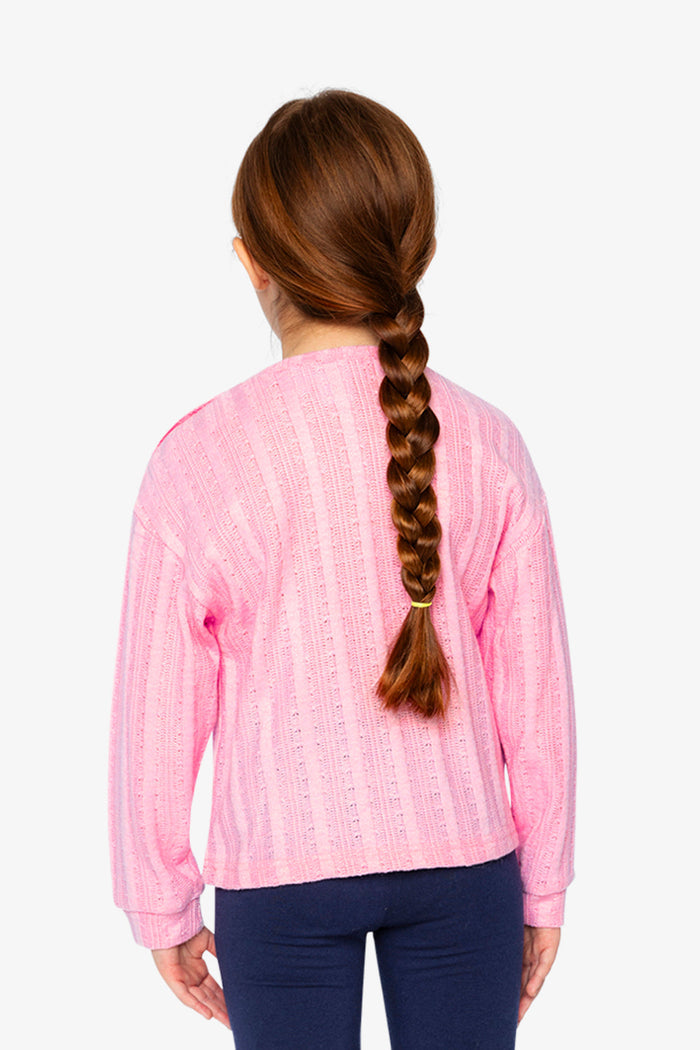 Deux par Deux girls' pink knit top with fruit embroidery – worn by a model, view 3