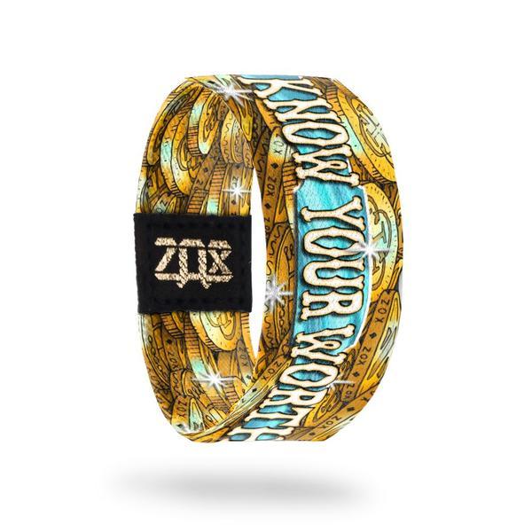 Inside design of Know Your Worth. Drawn gold coins spread across the design all over and even overlapping each other like they are in a pile. A light blue thick line runs along the center of the design and on that Know Your Worth in White-yellow text