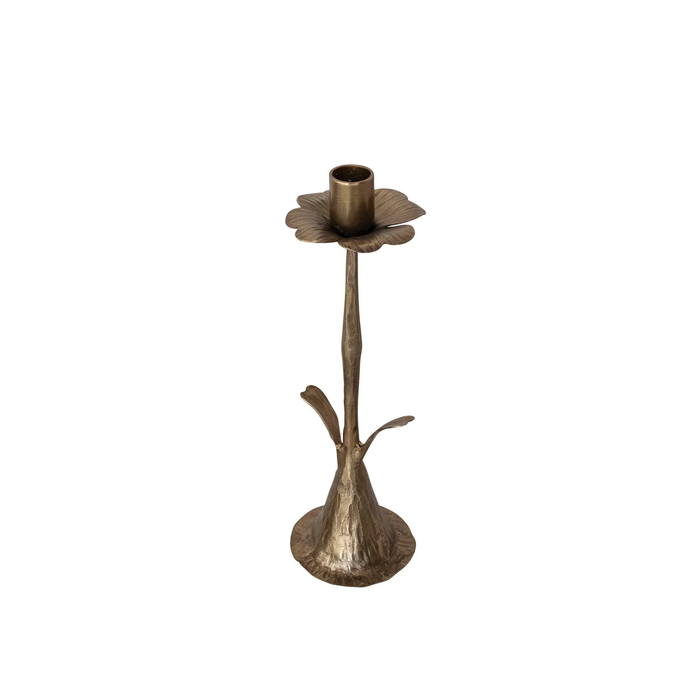 Large Antique Brass Hand-Forged Metal Stem Shaped Taper Holder