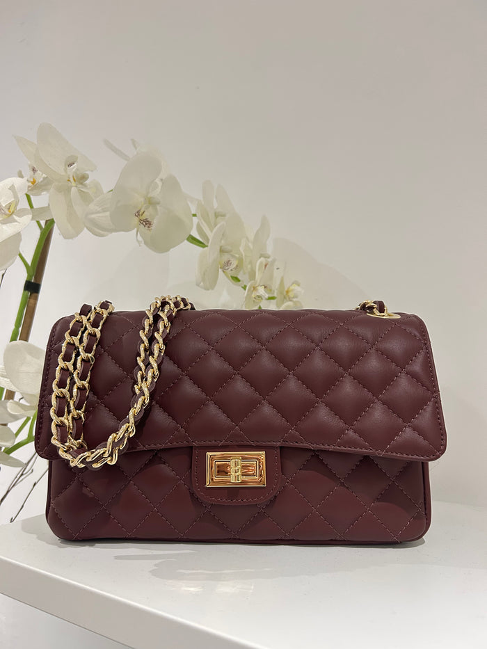Large Genuine Leather Quilted Turn Lock Chain Handle Handbag (8 Colours)
