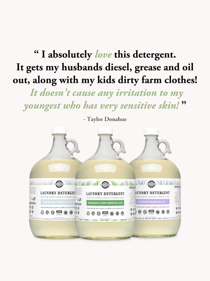 Rustic Strength - Positive Laundry Detergent Review from Taylor Donahue: "I absolutely love this detergent. It gets my husband's diesel, grease and oil out, along with my kids dirty farm clothes! It doesn't cause any irritation to my youngest who has very sensitive skin!"
