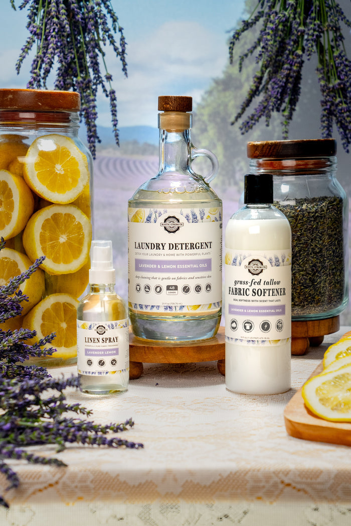 Rustic Strength - Laundry Starter Set | Lavender & Lemon (24oz Laundry Detergent, 16oz Tallow Fabric Softener & 4oz Linen Spray) with jars of lavender buds and sliced lemons