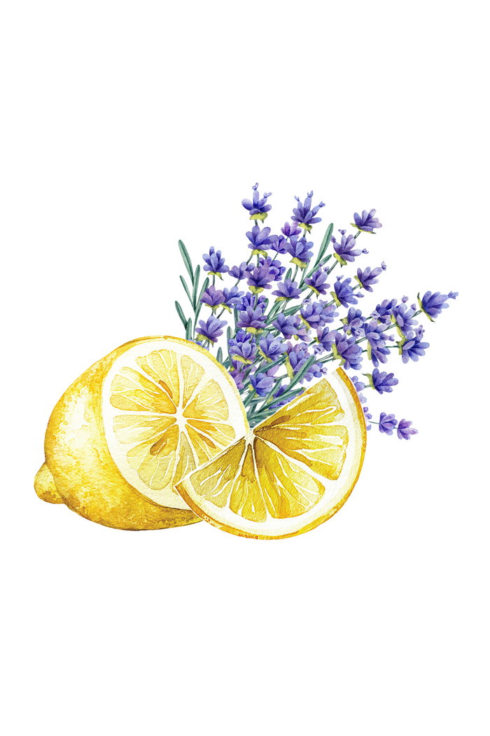 Rustic Strength - botanical image depicting a bunch of lavender behind a sliced lemon representing Lavender & Lemon scent
