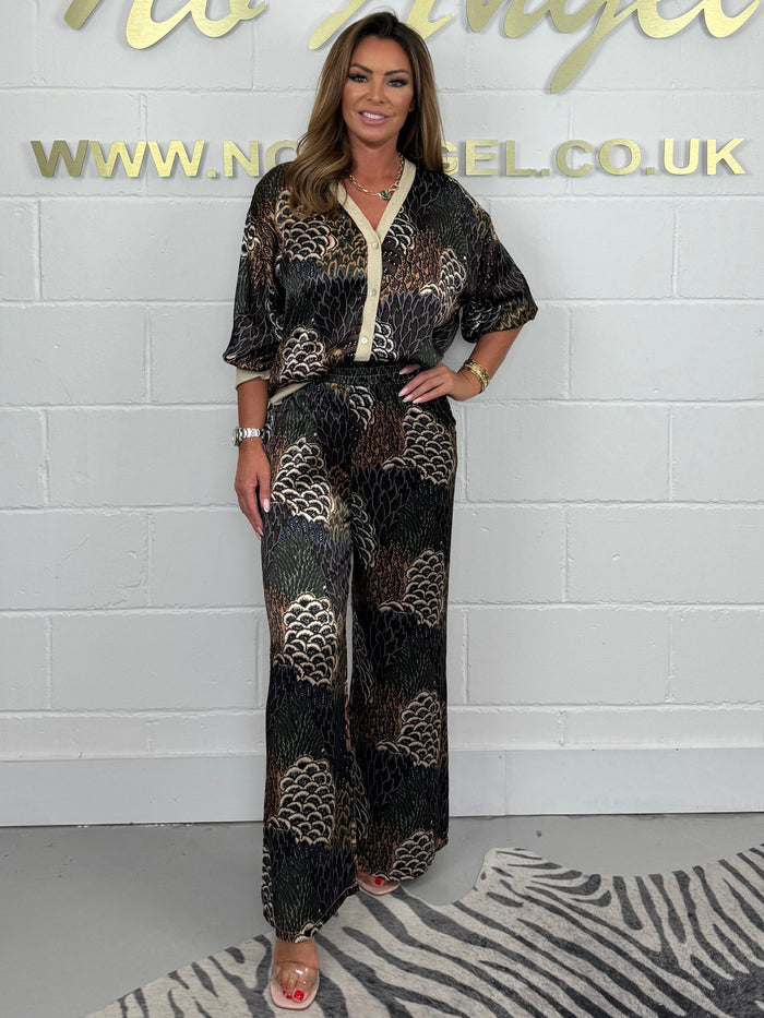 Leaf Print Satin Printed Cardigan & Trouser Co-Ord (4 Colours)