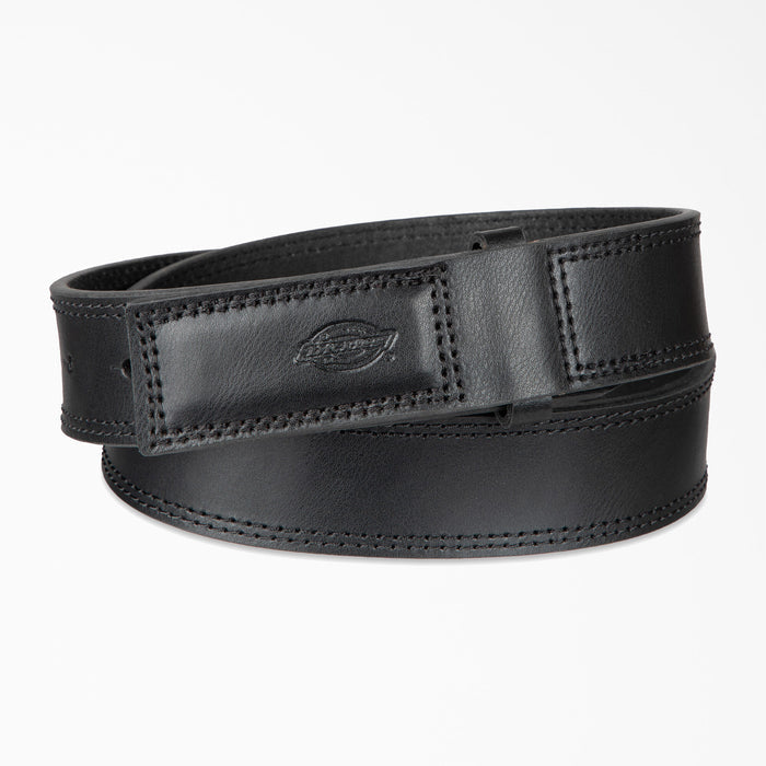 Black leather belt with stitched edges, logo emblem on buckle area, and adjustable sizing holes.