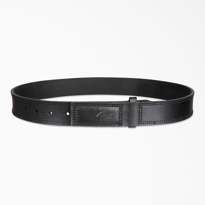 Black leather belt with metal buckle and stitched edges, displayed flat against white background.