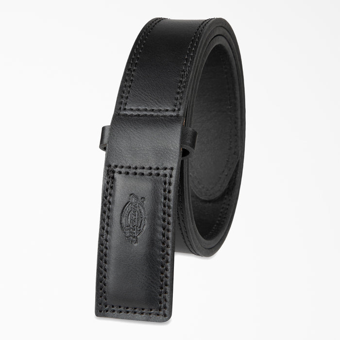 Black leather belt with stitched edges and embossed logo on buckle strap.