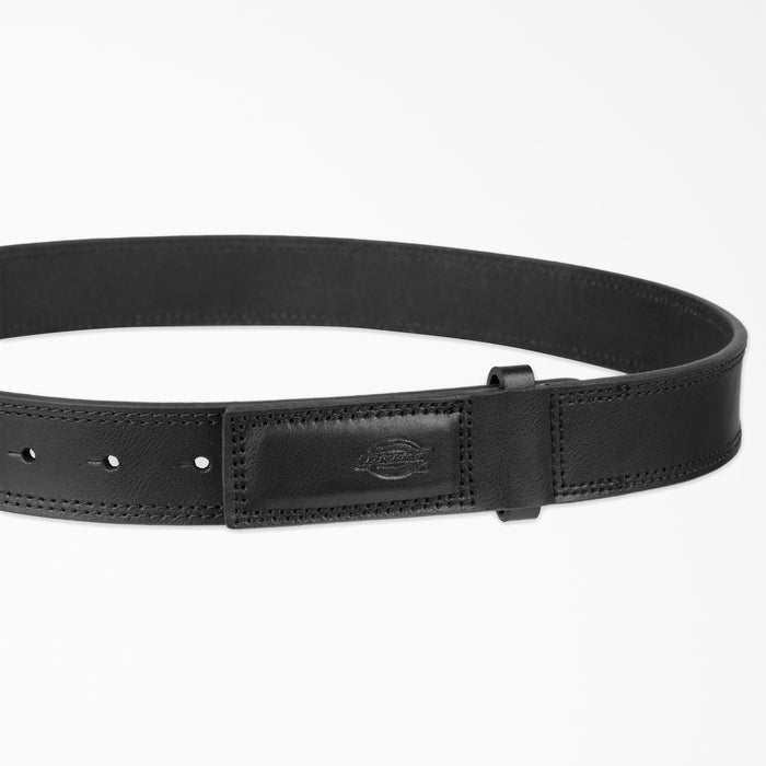 Black leather belt with stitched edges, rectangular buckle, and three adjustment holes.