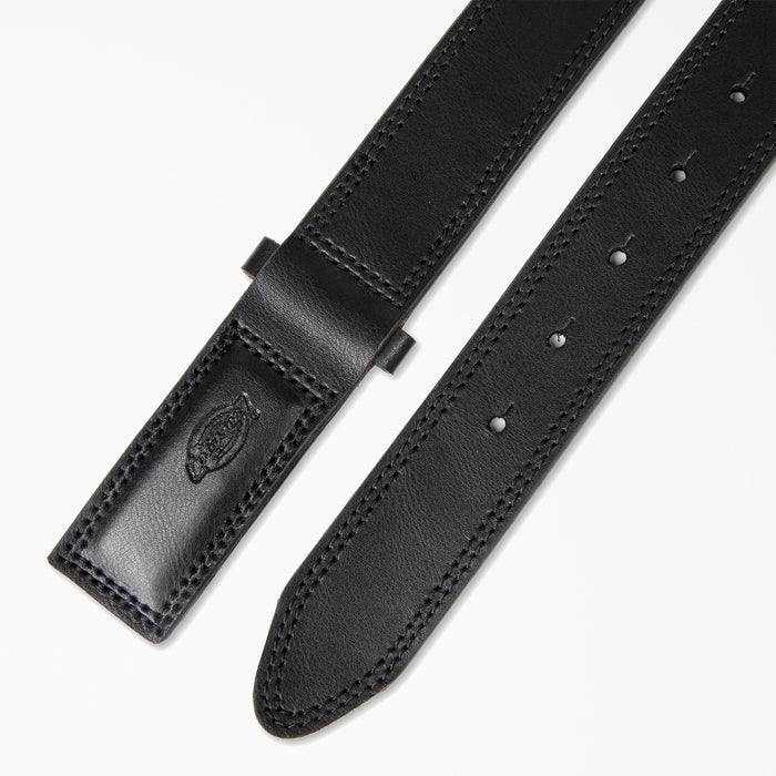Black leather belt with white stitching, metal rivets, and adjustable buckle closure.