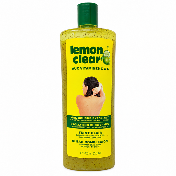 Lemon Clear Shower Gel 1000ml, refreshing exfoliating body wash with lemon-inspired skincare ingredients, designed to gently cleanse and remove impurities while leaving skin feeling soft, smooth, fresh, and radiant-looking.