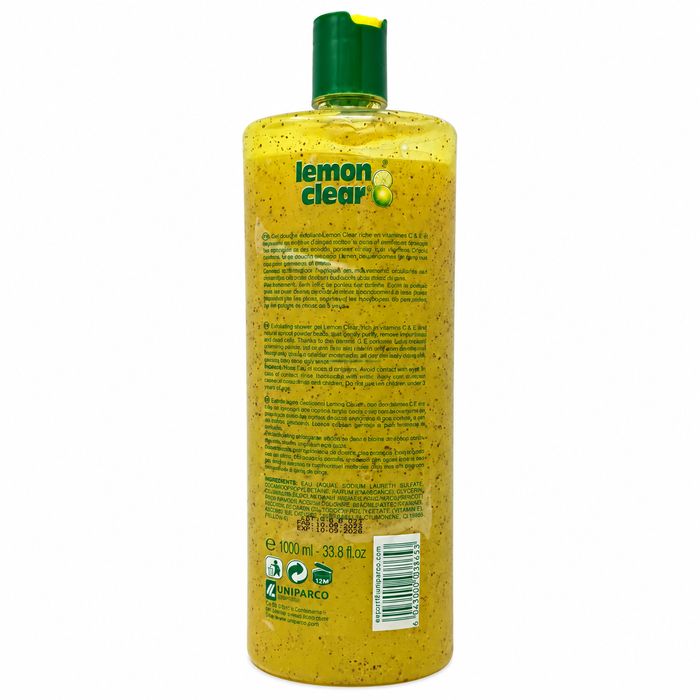 Lemon Clear Shower Gel 1000ml, refreshing exfoliating body wash with lemon-inspired skincare ingredients, designed to gently cleanse and remove impurities while leaving skin feeling soft, smooth, fresh, and radiant-looking.