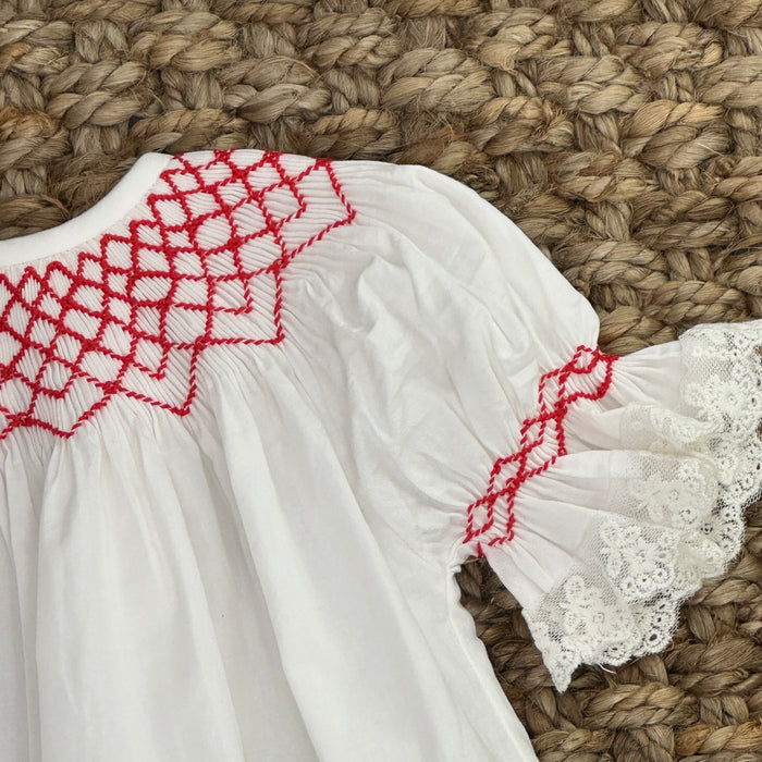 Light Heirloom Ivory Bishop Dress With Red Smocking