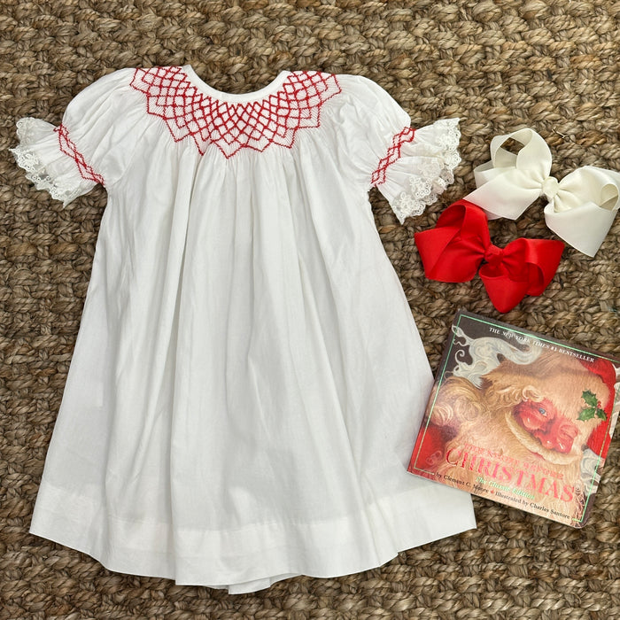 Light Heirloom Ivory Bishop Dress With Red Smocking