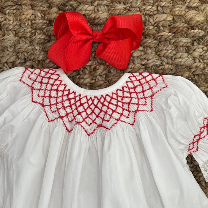 Light Heirloom Ivory Bishop Dress With Red Smocking