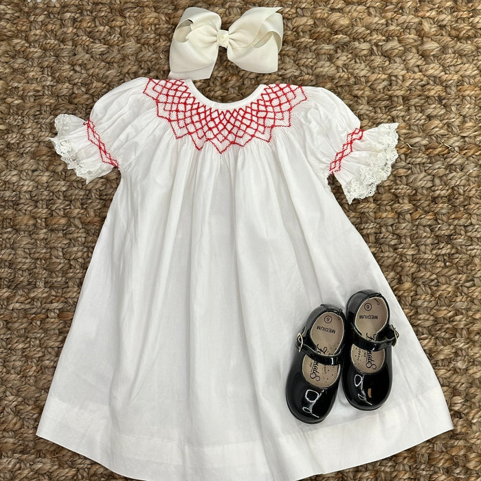Light Heirloom Ivory Bishop Dress With Red Smocking