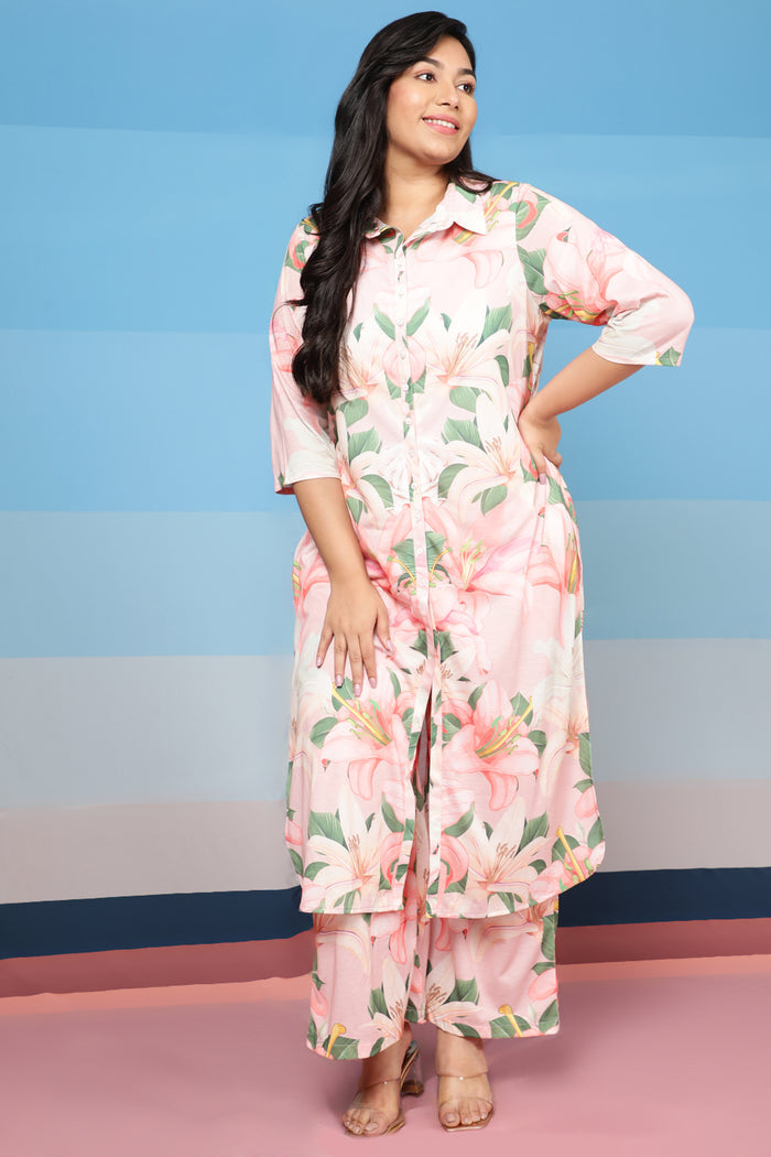 Light Pink Floral Kurta cum Shrug