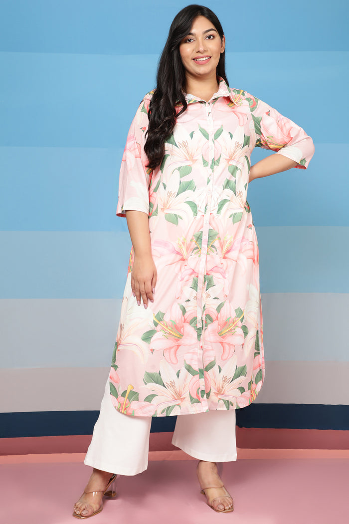 Light Pink Floral Kurta cum Shrug