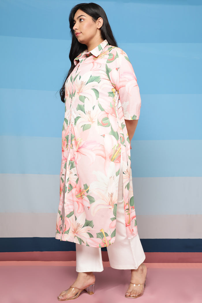 Light Pink Floral Kurta cum Shrug