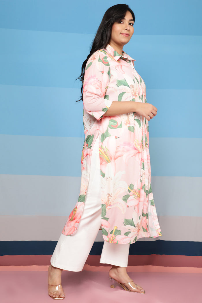Light Pink Floral Kurta cum Shrug