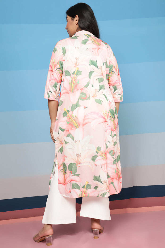 Light Pink Floral Kurta cum Shrug