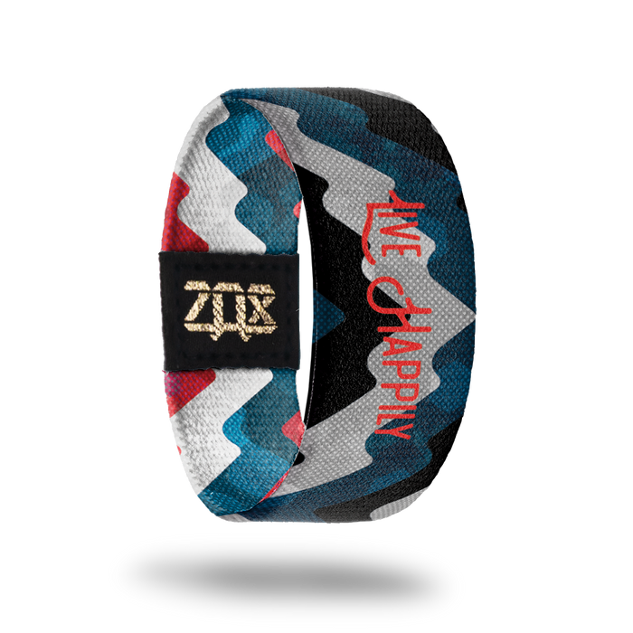 Inside design of Live Happily. Thick wave lines across the strap in dark blue, grey, and dark navy blue. Centered is Live Happily in thin red text
