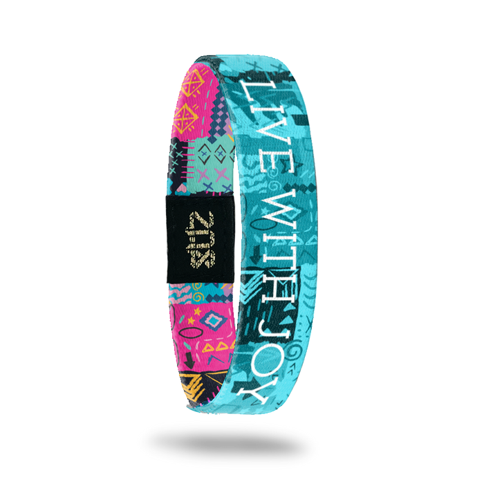 Product photo of inside design with white text live with joy overlaying a teal hand drawn geometric and abstract art background