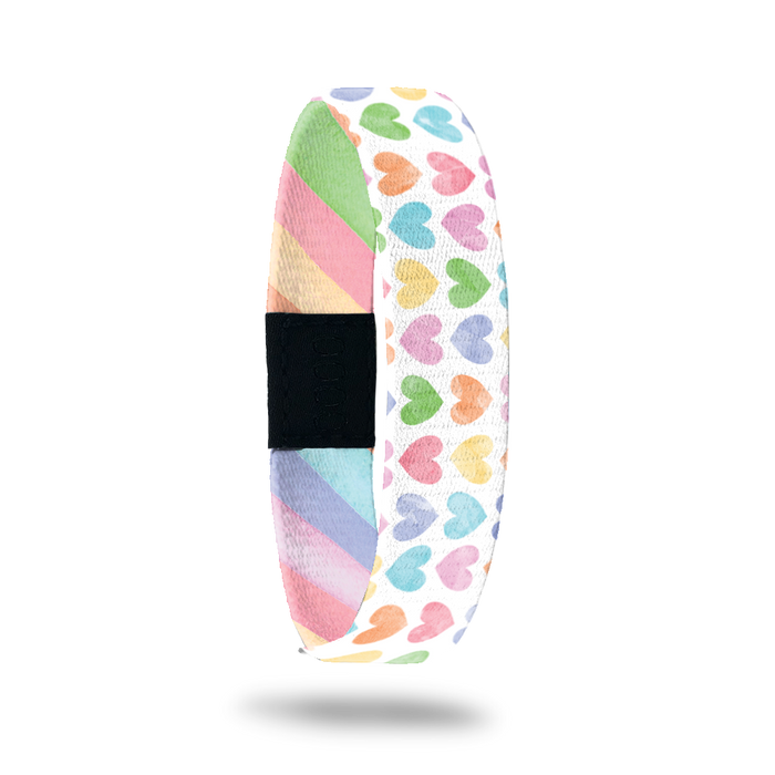 Product photo of outside design of live with love with rows of pastel orange, yellow, pink, green, purple, and blue gradient hearts over white background