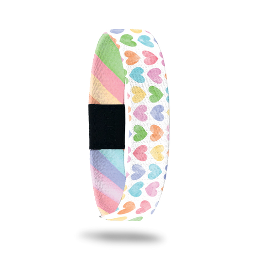 Product photo of outside design of live with love with rows of pastel orange, yellow, pink, green, purple, and blue gradient hearts over white background