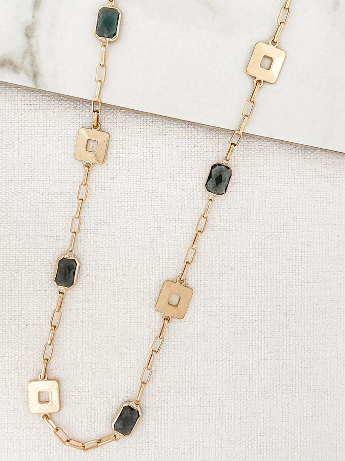 Long Gold & Grey Square Necklace 6882
