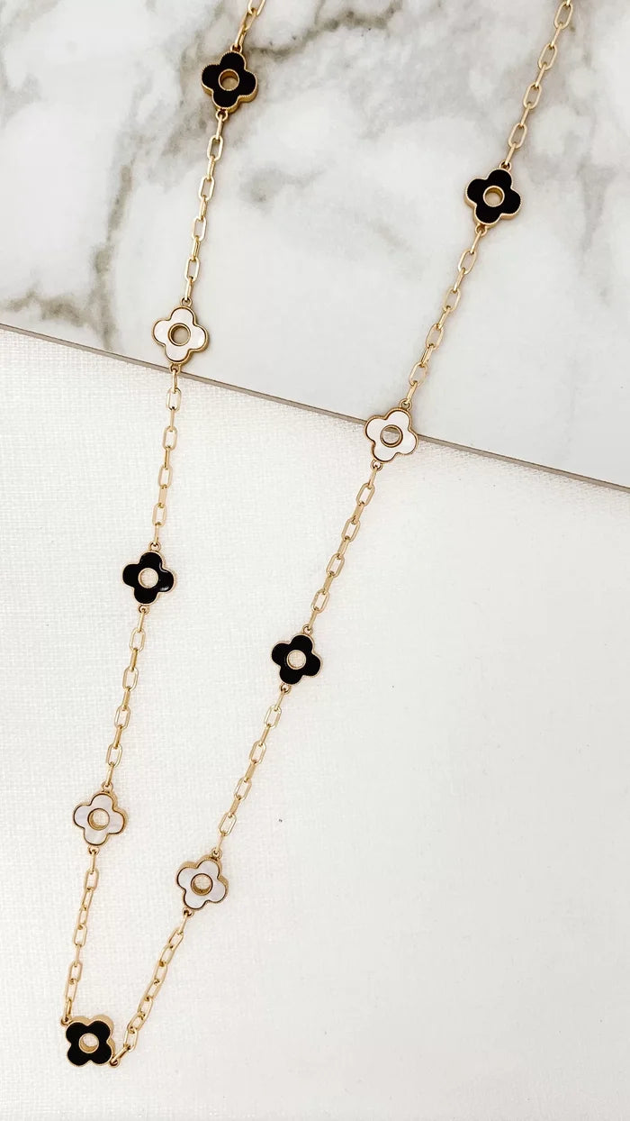 Long Gold Necklace With Black And White Fleurs 6923