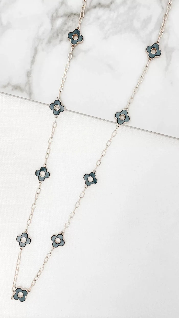 Long Silver Necklace With Grey Fleurs 6992
