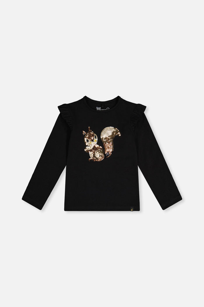 Deux par Deux girls long sleeve tee in black and brown with sequin squirrel, front view