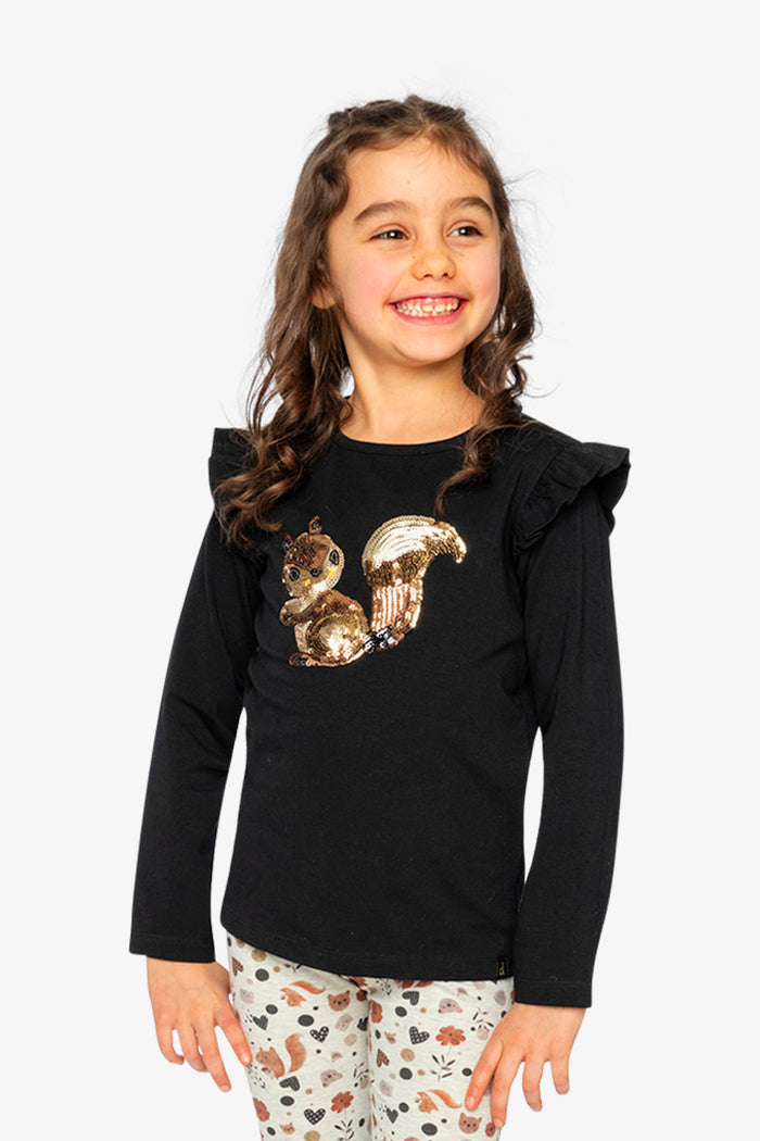 Child wearing Deux par Deux long sleeve tee in black and brown with sequin squirrel, lookbook view 1
