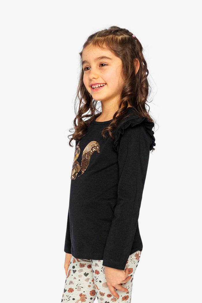 Child wearing Deux par Deux long sleeve tee in black and brown with sequin squirrel, lookbook view 2