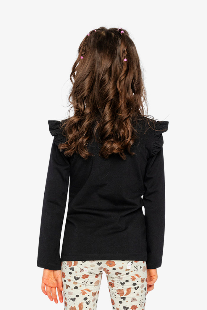 Child wearing Deux par Deux long sleeve tee in black and brown with sequin squirrel, lookbook view 3