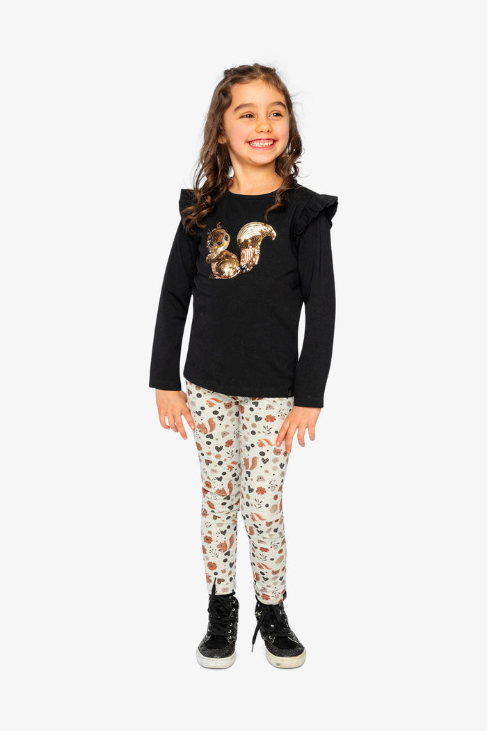 Child wearing Deux par Deux long sleeve tee in black and brown with sequin squirrel, full outfit lookbook view