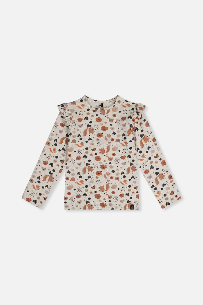Deux par Deux girls long sleeve organic cotton tee, beige squirrel print, front view