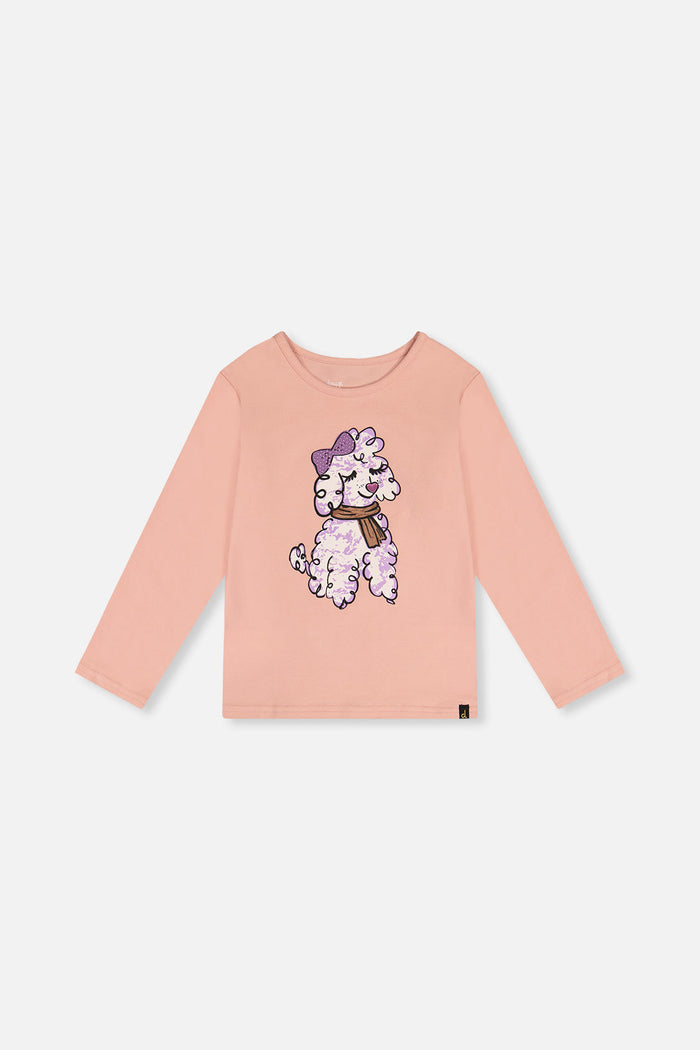 Deux par Deux pink long sleeve organic cotton tee with fluffy poodle graphic, front view