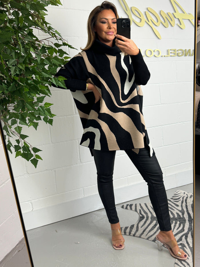 Long Sleeve Oversize Wavey Print Roll Neck Jumper (2 Colours)