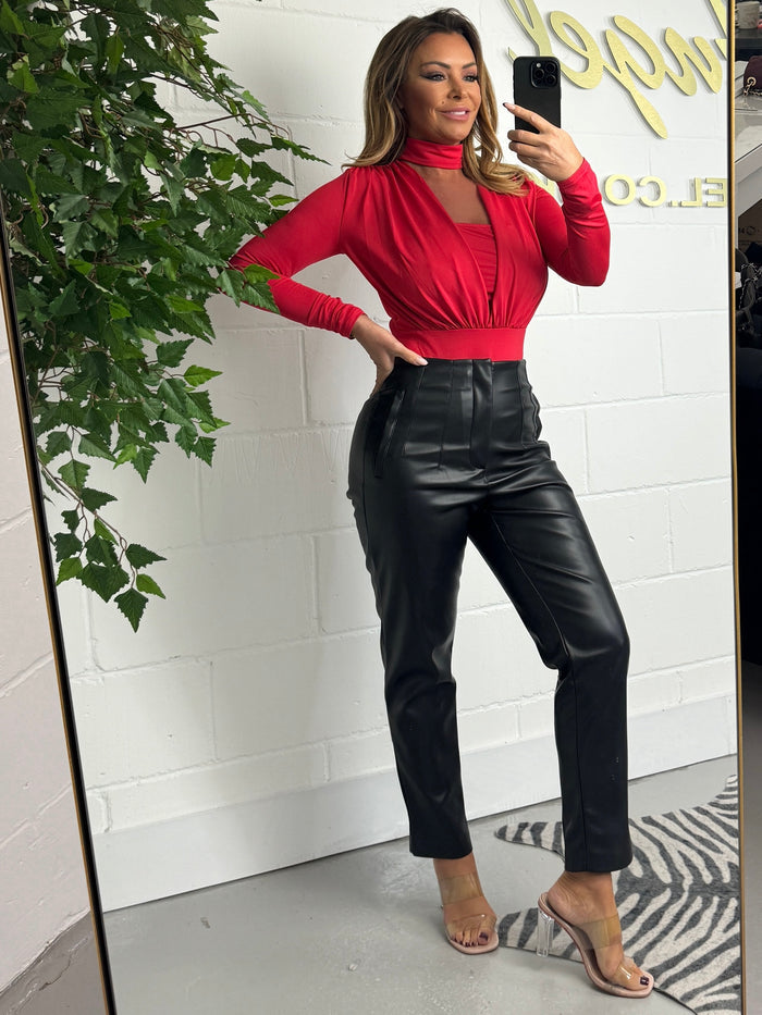 Long Sleeve V-Neck Choker Neck Bodysuit (2 Colours)