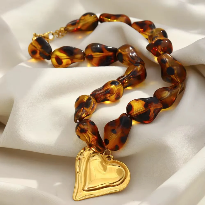 Looking Lovely Gold Heart Leopard Bead Necklace