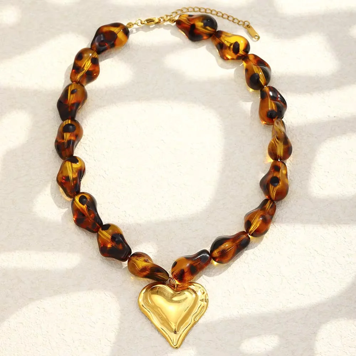 Looking Lovely Gold Heart Leopard Bead Necklace